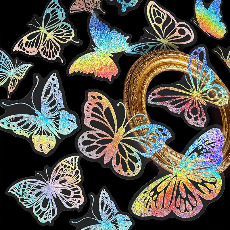 100pcs PET Laser Flash Stickers Magic World Butterfly Blooming Camellia Flowers Creative Retro Transparent Waterproof Stickers