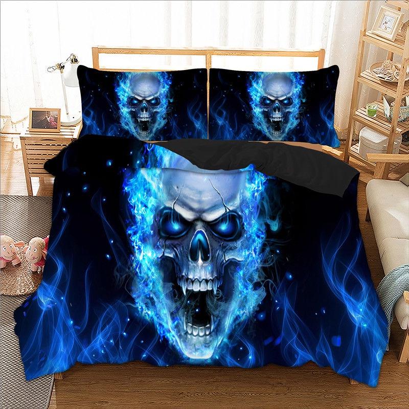 Premium 3d Blue Fire Skull Duvet Cover Pillow Cases Quilt Cover Bedding Set For All Sizes