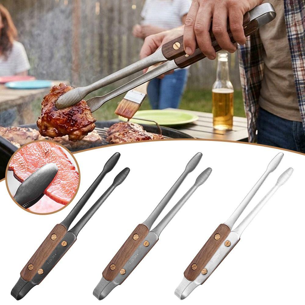 304 Edelstahl Grillzange Anti-Verbrühungs-Clip Hitzeschutz BBQ-Zange Holzgriff Kochzange Camping