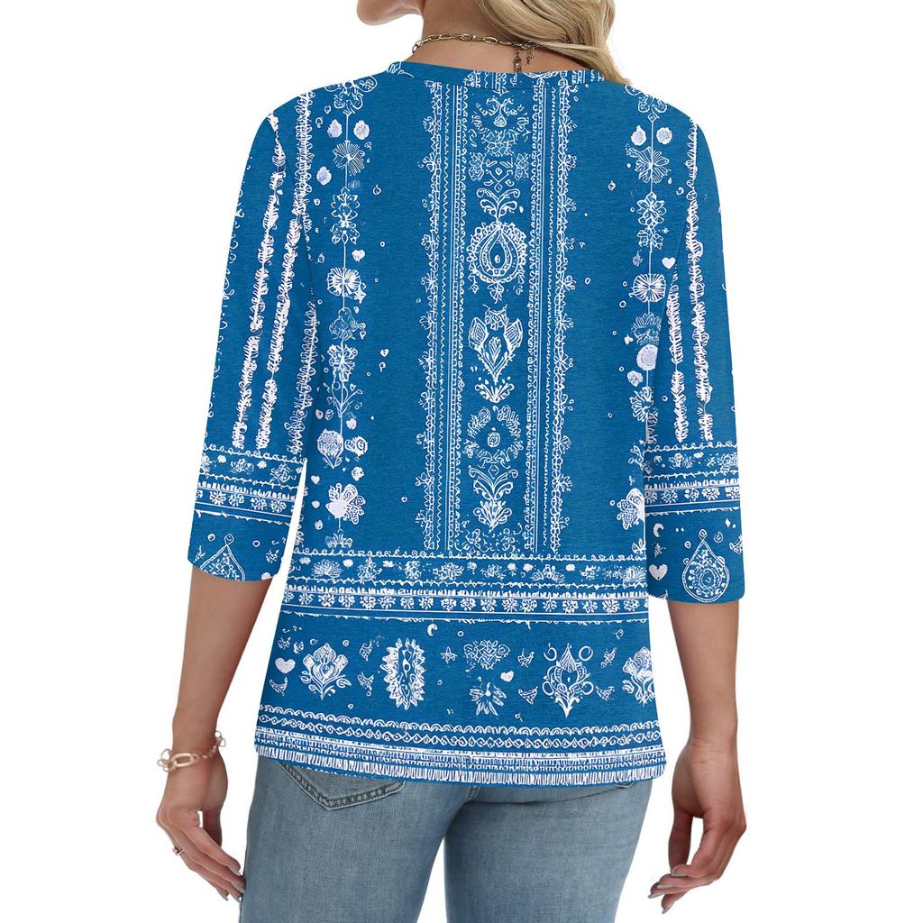 Damen T-Shirt mit Aufdruck, Knopfleiste, 3/4-Ärmel, für den Alltag, Wochenendmode, Basic, V-Ausschnitt, normales Oberteil