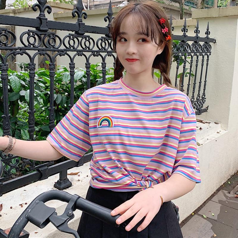 Women's  Summer Casual T Shirt Short Sleeve O-Neck Rainbow Striped Loose Tee
