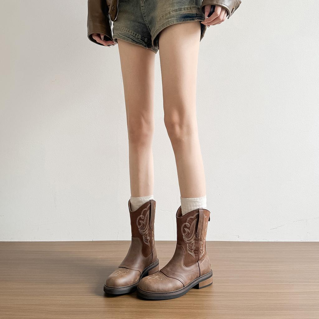 Sheepskin Version~ British Style Short Boots Women's Shoes Brown Retro Embroidered Western Cowboy Boots Thin Boots Martin Boots Women's Tide