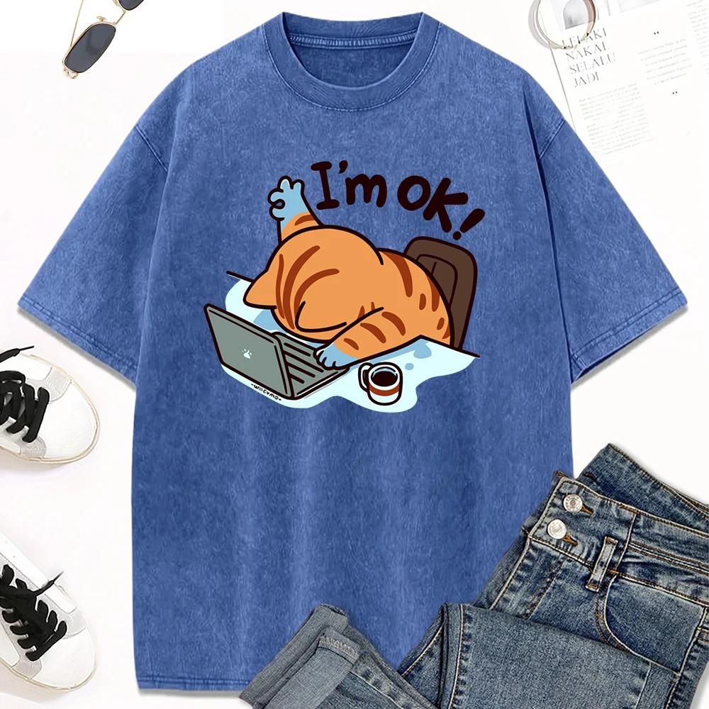 Arbetsdesign katt vatten tvätt vintage T-shirt herr- och dam sommar modekläder avslappnad kombination T-shirt