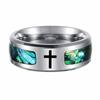 1pc 8MM Wide Faceted Edge Inlaid Abalone Pattern Men's Stainless Steel Cross Ring USA Size 7-13