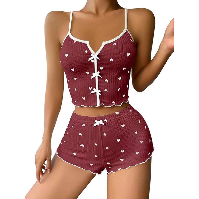 2 Pcs/Set Women Vest Shorts Suit Bow Heart Print Sleeveless Shirring Top High Waist Short Trousers Homewear Loungewear Outfit Summer Sleepwear