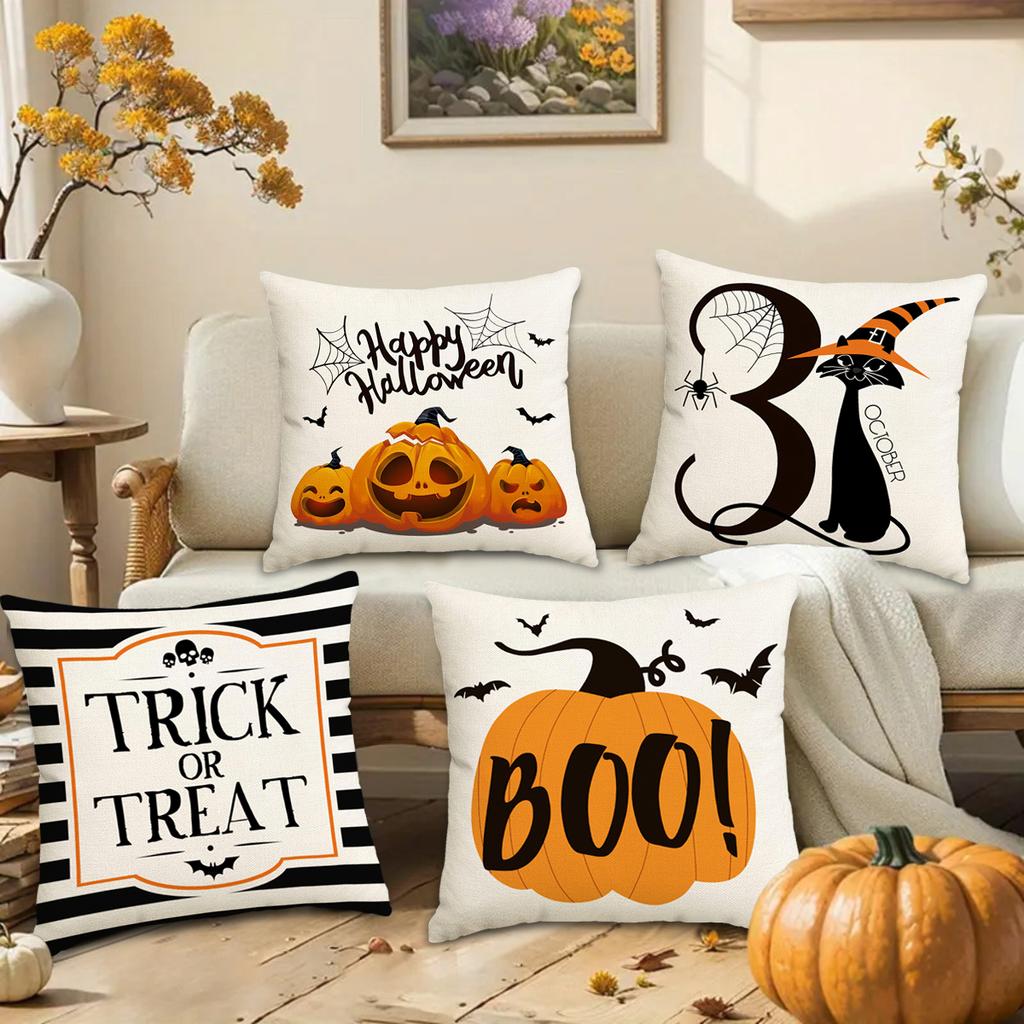 1/4 Piece Halloween Pillow Cover, Scary Pumpkin, Black Cat Print Cushion Cover, Trick Or Treat Sofa Cushion Cover For Halloween