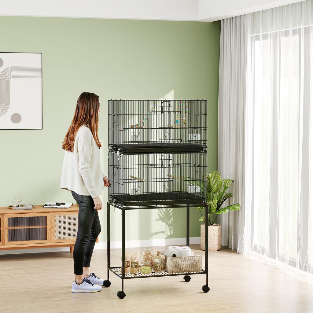 Steel and PP Bird Cage, Stacked Design with Perches, Swings and Ladders, 77x46x164 Cm, Black