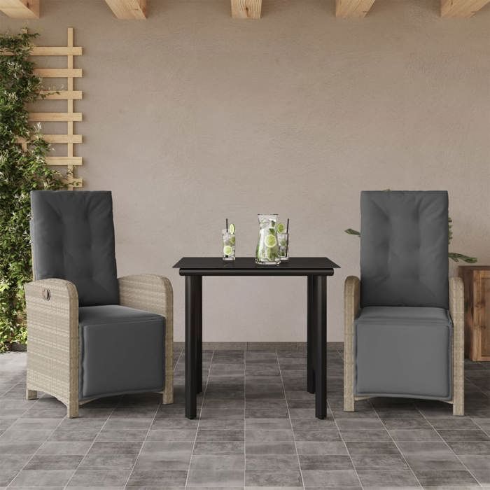 VidaXL Ensemble de Bistro avec Coussins 3 pcs, Chaises et Table de Patio, Meubles de Terrasse Extérieur, Moderne, Gris Clair 3212605