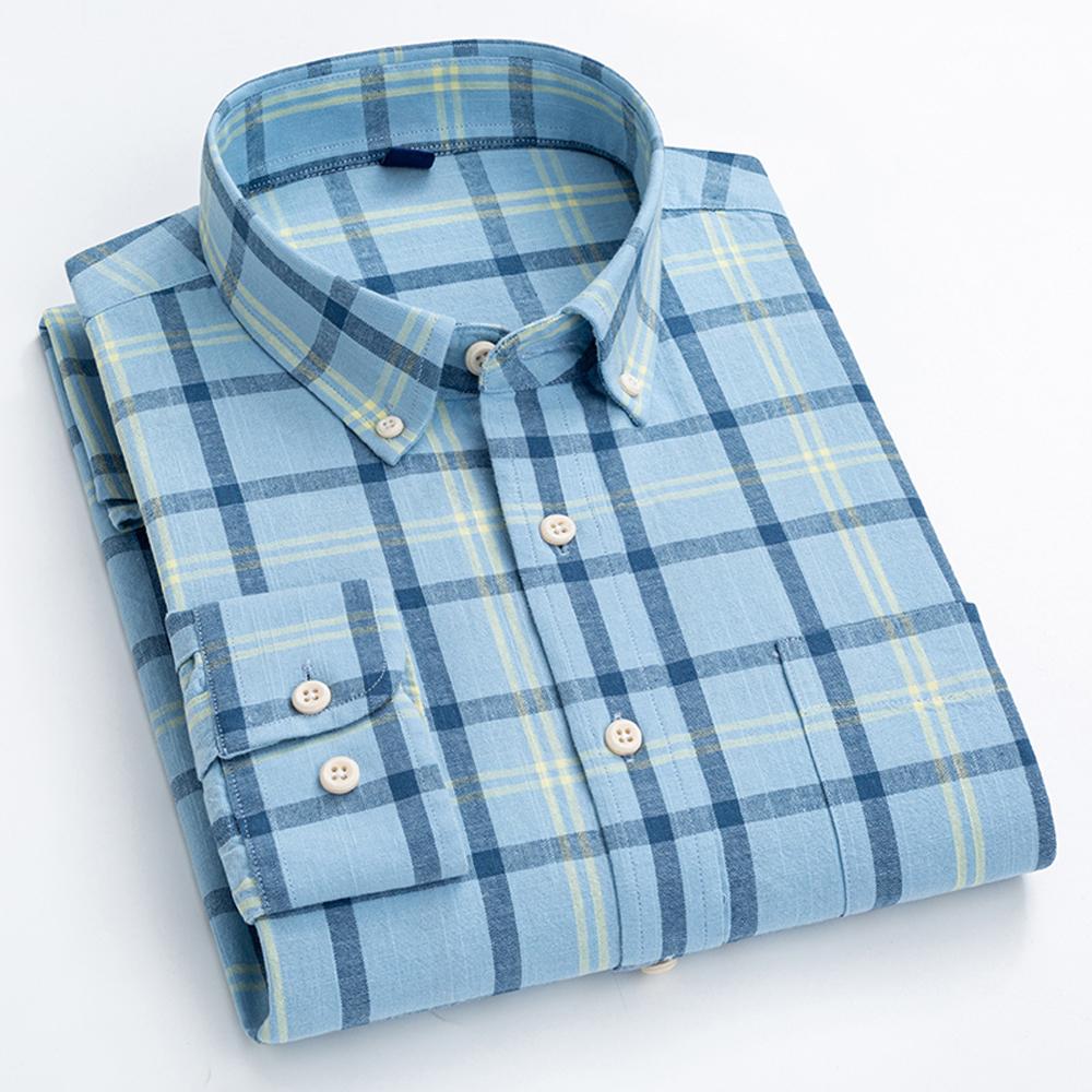 Men's Classic Fit Casual Plaid Linen Cotton Shirt Single Pocket Button-down Comfortable Soft Long Sleeve Stripe Checked Shirts