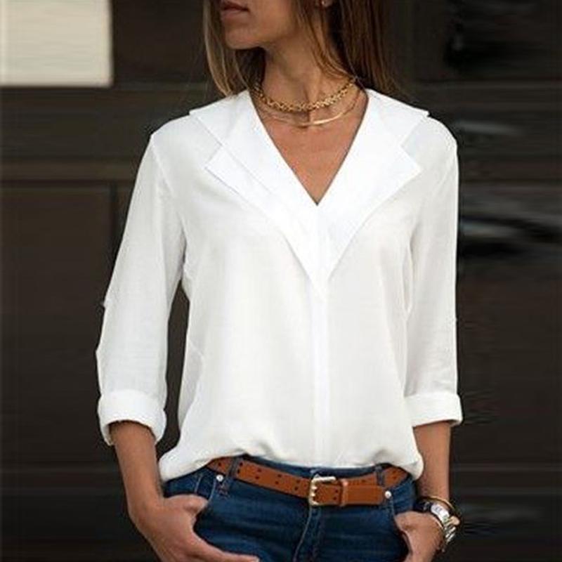 SCIONE Blouse Long Sleeve Autumn Women Shirt V-neck Female Tops Solid Shirt Lady Blouse Shirt