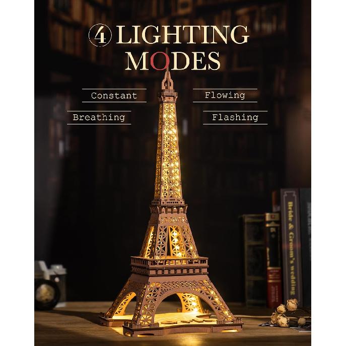 Rowood Eiffel Tower,3D Puzzle Model Kits for Adults,DIY 3D Wooden Puzzles for Adults,Builing Set with LED,Home Decoration Festival Gift Idea