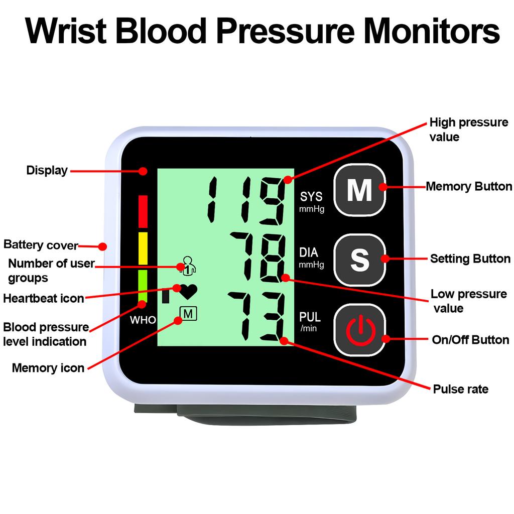 Wrist Digital Blood Pressure Monitor Tensiometer Automatic BP Sphygmomanometer Heart Rate Pulse Meter Health Medical Care