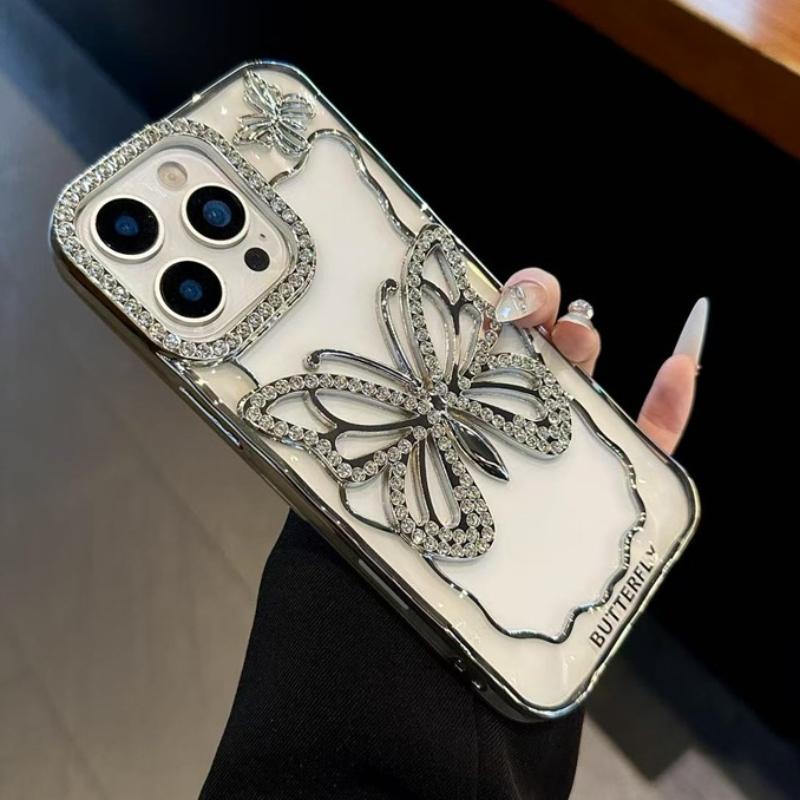 Glitter Crystal Diamond Butterfly Phone Case For iPhone 17 AIR 16 15 14 Plus 13 17 16 Pro Max Clear Plating Shockproof Cover 16