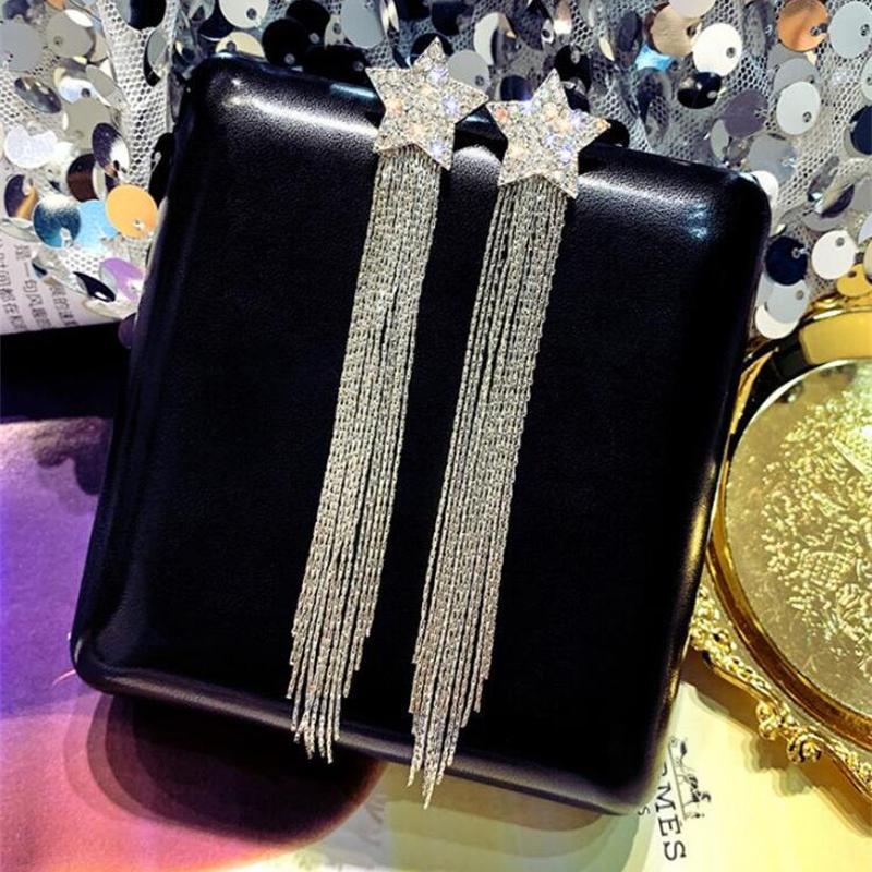 Pentagram Tassel Earrings Full Of Diamonds Pentagram Earrings Long Earrings Simple And Versatile