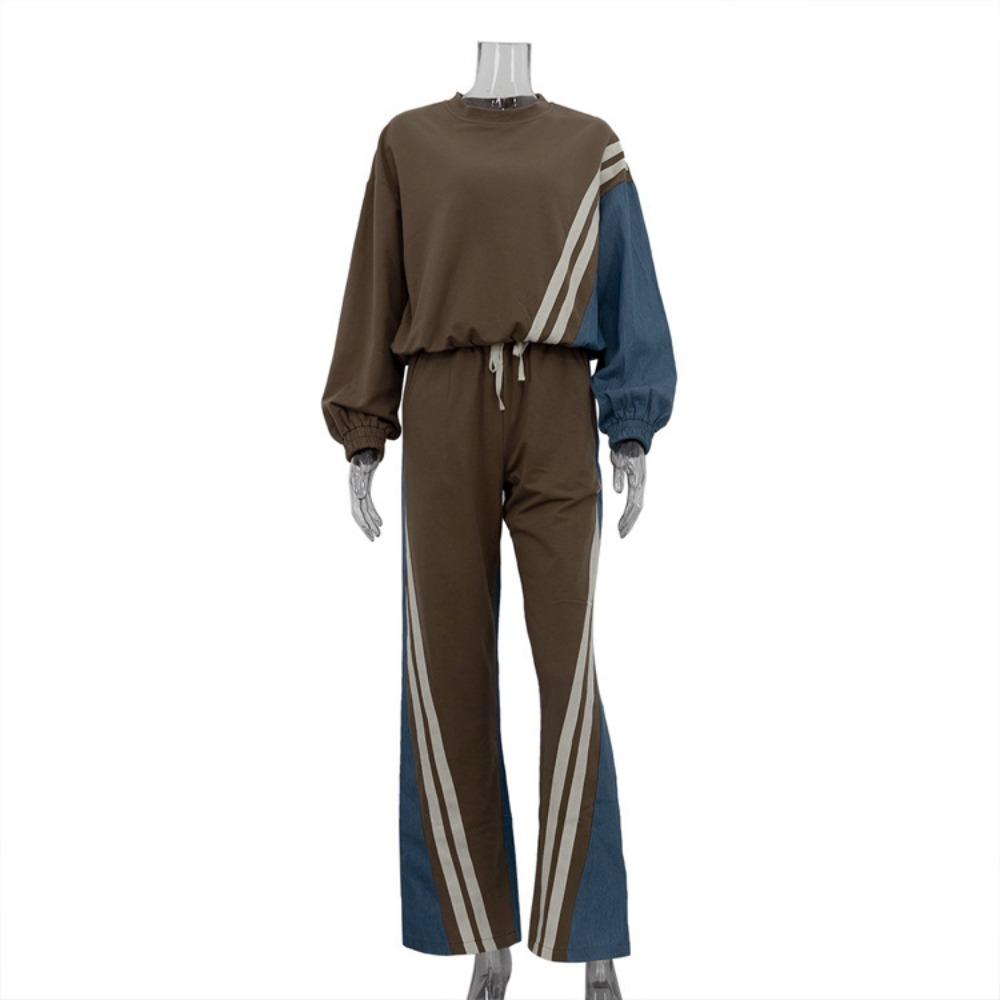 

Осенне-зимний повседневный комплект из синих лоскутных комплектов для женщин, состоящий из 2 предметов: блузки с длинным рукавом и круглым вырезом, а также прямых спортивных штанов на шнурке, уличная одежда L коричневый