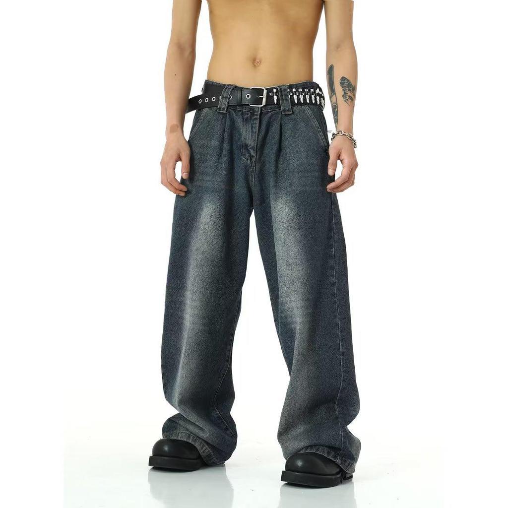 Men's American Retro Wide-Leg High Street Washed Jeans - Loose, Casual, Large-Size Trousers