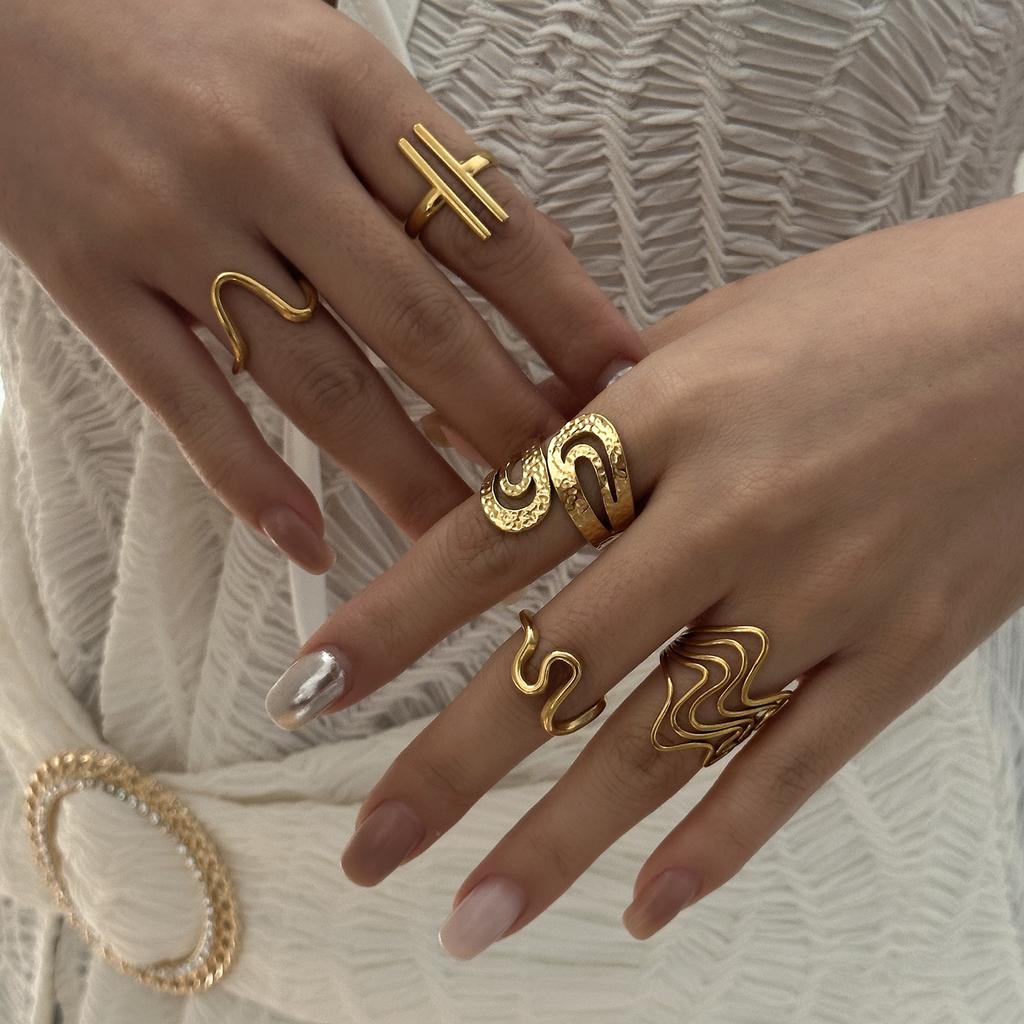 Gold Plated Stainless Steel Geometric Symmetry Line Open Ring for Women Men Line Texture Ring Charms Waterproof Jewelry Gift