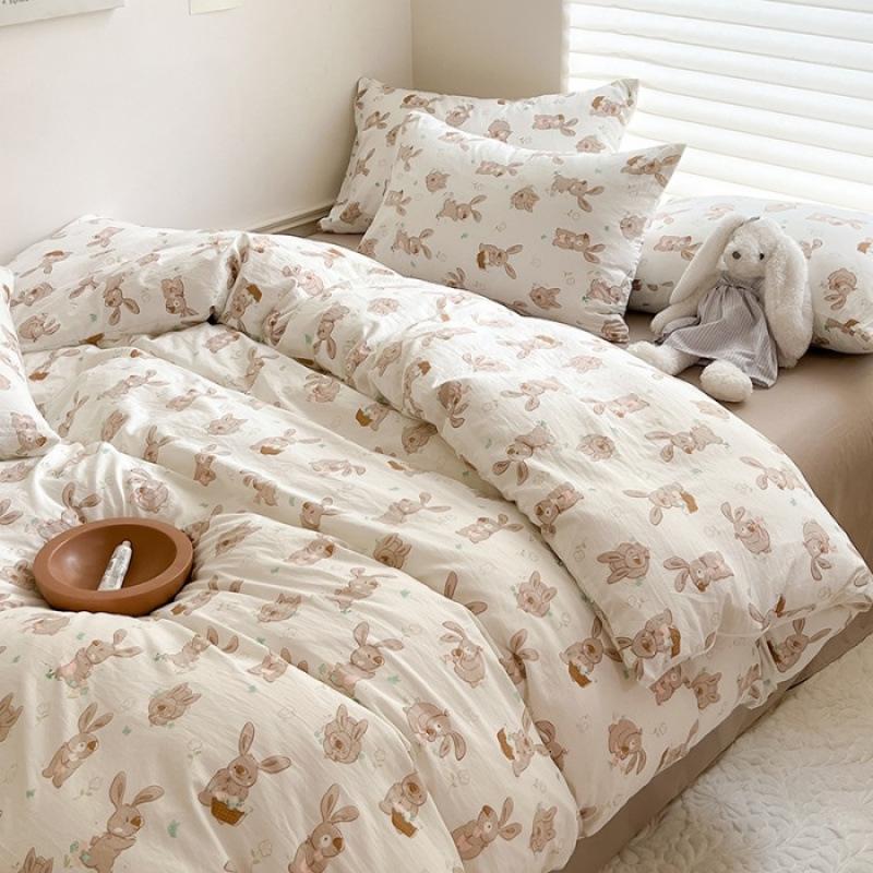 Class A Maternal Infant Grade Washed Cotton Linen 4-Pcs Set Double-Layer Yarn Quilt Cover Dormitory Bed Sheet 3-Pcs Set Household Bedding