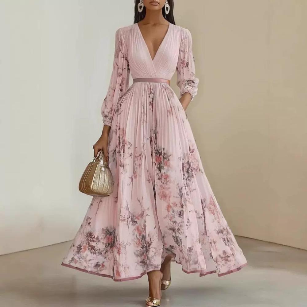 Women's V-Neck Long Sleeve Floral Print Pleated Maxi Dress  with Elastic Waist