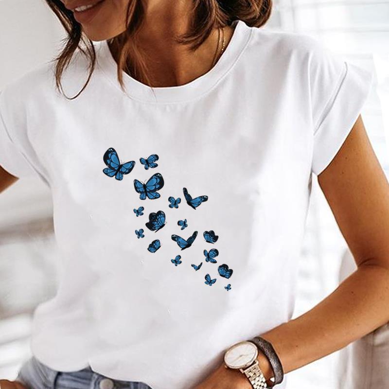 (European Size) Women Tee Top Cute Butterfly Clothing Fashion T-shirt Casual Short Sleeve Print Lady Female Graphic T-shirt