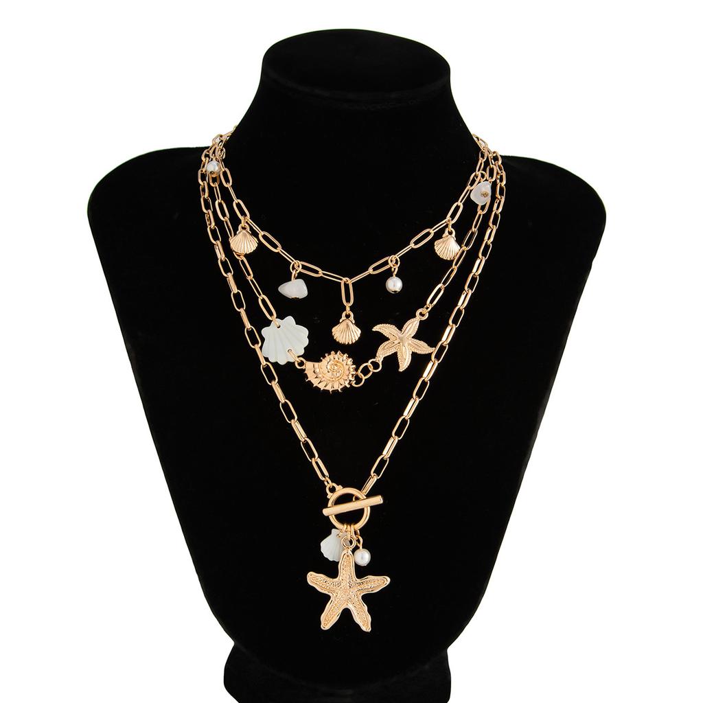 Starfish Pearl Necklace Set Conch Scallop Flat Snake Chain Necklace Set