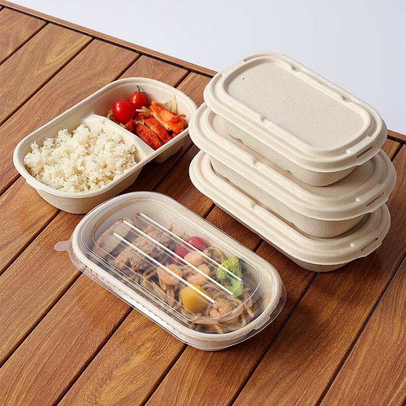 OLOEY 850ml Double Compartment Bagasse Disposable Lunch Boxes with Lids