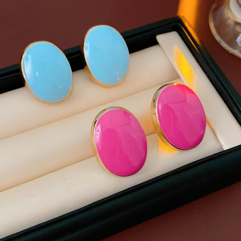 Pink Blue Oil-Dropping Round Oval Stud Earrings Unique Design Bean Beads Ear Studs Earrings Temperament Girl Ear Accessories