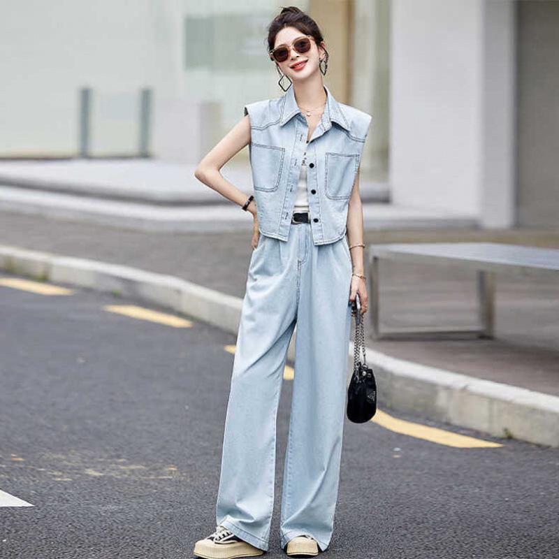 Women's 2024 Summer Hong Kong Style Denim Vest & Wide-Leg Pants Set
