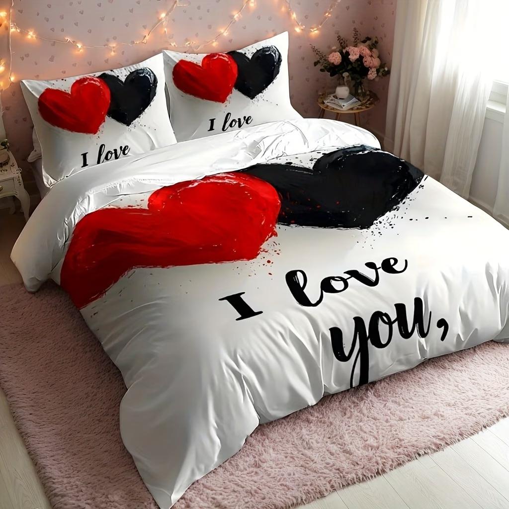 Dark Red And Black Three-Piece Bedding Set With Queen King Size Featuring Printed English Letters On The Duvet Cover