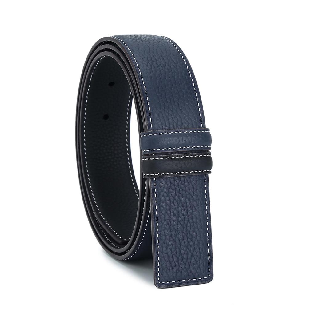 3.4" Wide Double-Sided Lychee Grain Cowhide Belt with White Lines and Perforations, All-Match Style, Top Layer Cowhide