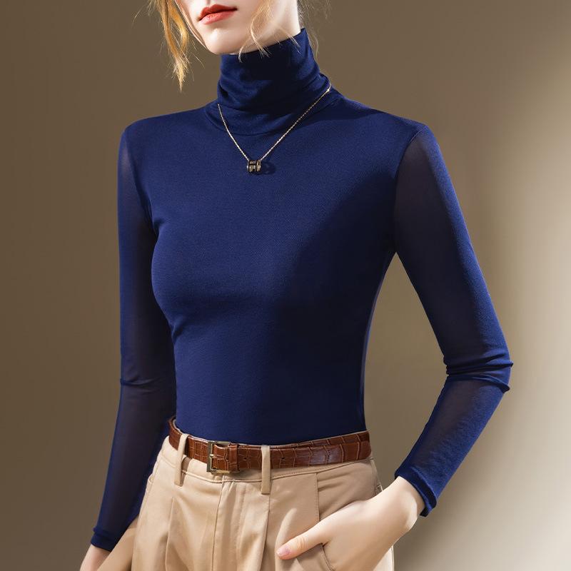 

Базовая сетчатая футболка с высоким воротом для женщин Новая женская темпераментная модная футболка с длинным рукавом Нижнее белье 4XL