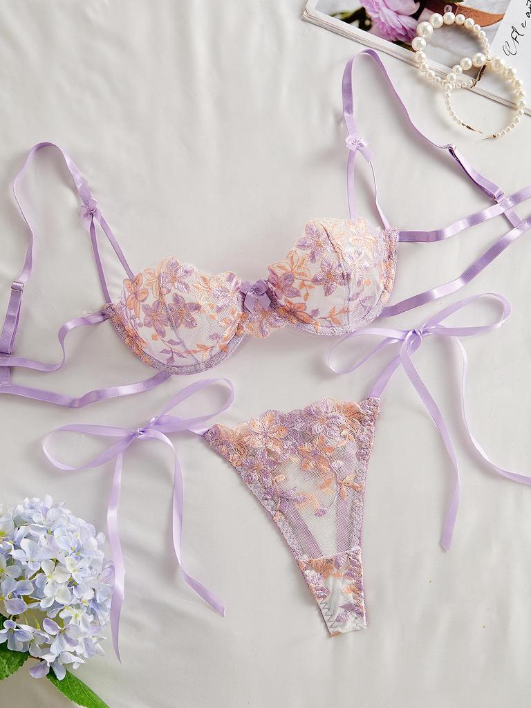 Autumn Bow Sling Floral Embroidered Lingerie Set - See-through Temptation