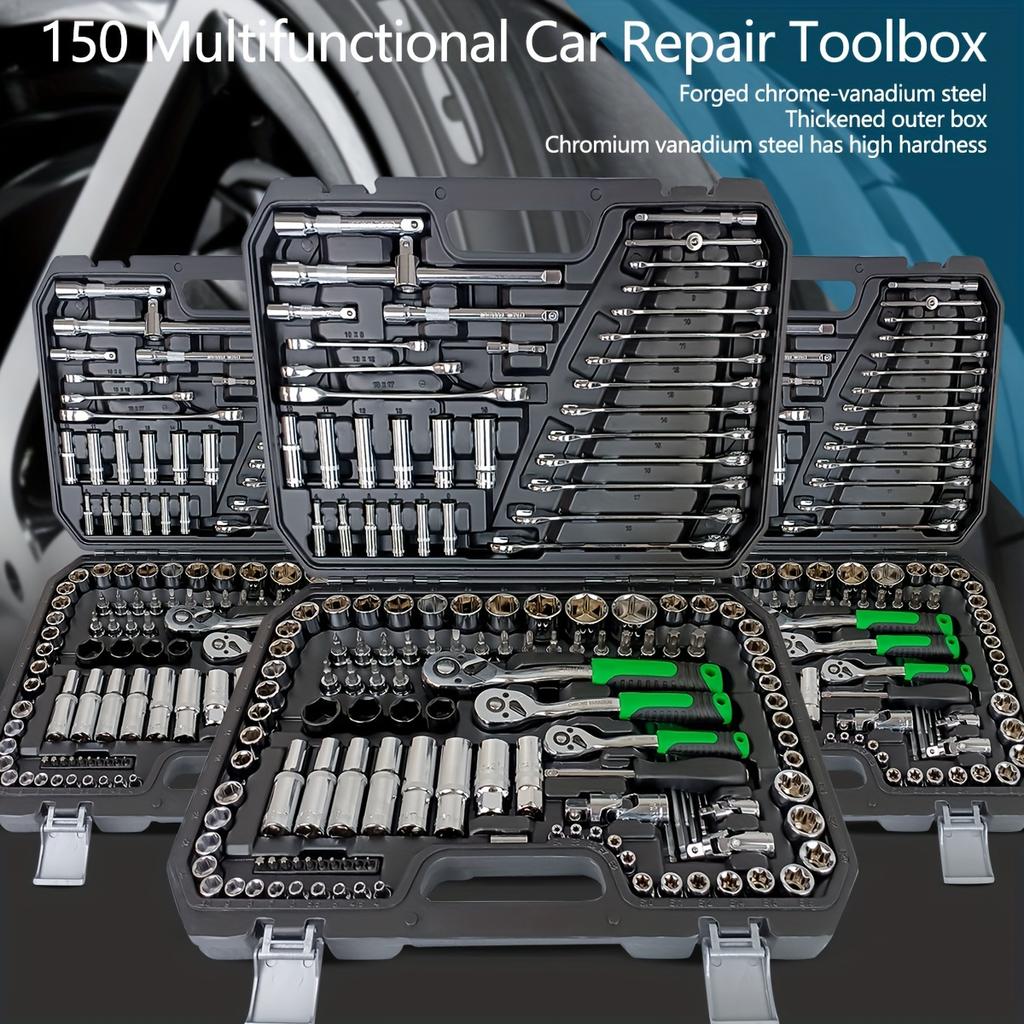 Juego de Caja de Herramientas para Motocicleta Llave de Carraca Rápida 150/46 Piezas Grupo de Vasos Punta Caja de Herramientas de Grado Industrial Herramientas de Reparación de Automóviles Mantenimiento de Automóviles