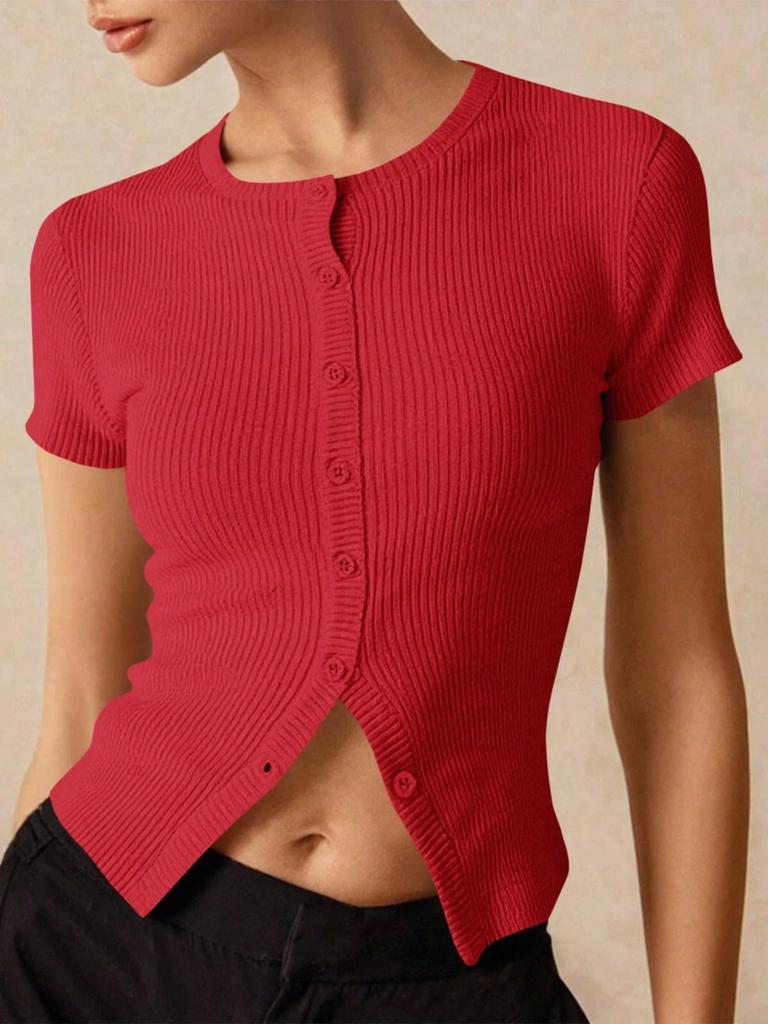 Damen Rippstrick Cropped Cardigan Kurzarm Knopfleiste Figurbetont Pullover Top