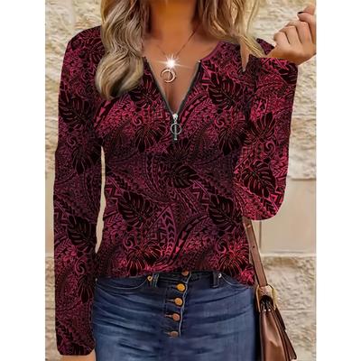 Ladies' Elegant European and American Fashion Printed V-neck Zipper Long-sleeved T-shirt