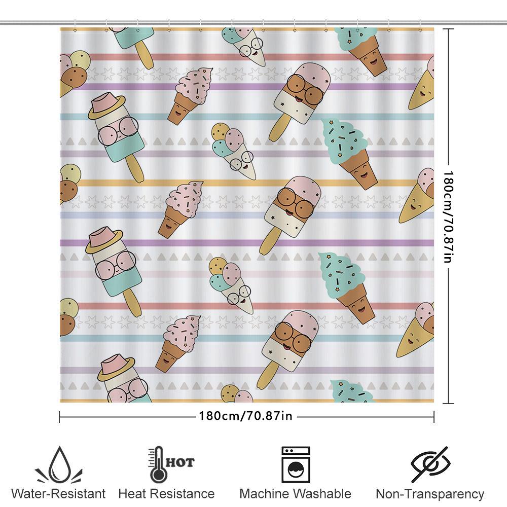 Charmful Ice Cream Pattern Shower Curtain For Bathroom Decor Multicolor Striped Design Cute Cartoon Print Waterproof Fabric Easy