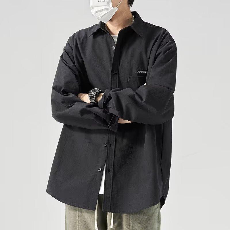 Fashion Shirt Men's Long-sleeved Spring and Autumn Simple Letters Senior Sense of Embroidery Solid Color Shirt Versatile Loose Work Cotton Jacket