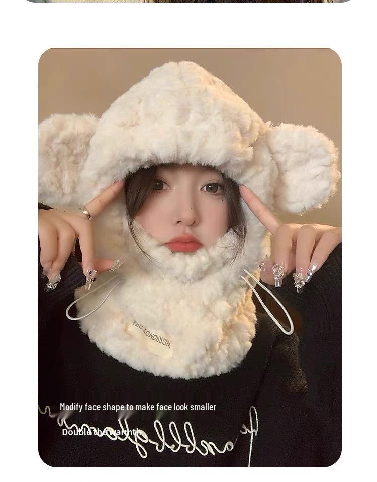 Korean-Style Plush Little Bear Hat with Ear Muffs and Integrated Scarf Mask for Winter Warmth