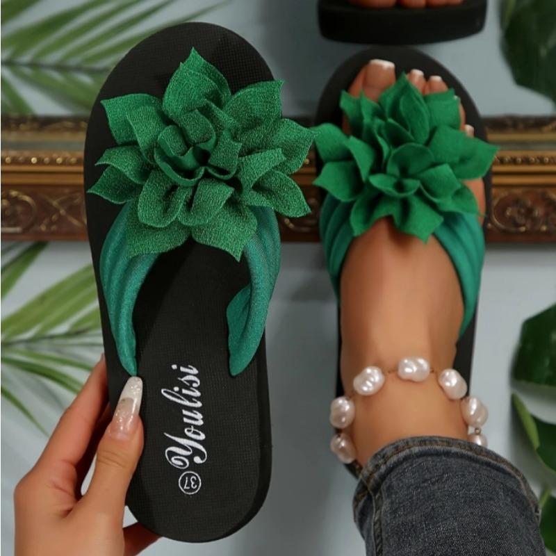 All-Season Floral Embellished Flip-Flops - 1pc Women'S Solid Color Slip-On Vacation Style - Fabric Upper, EVA Sole & Insole, Mid Heel