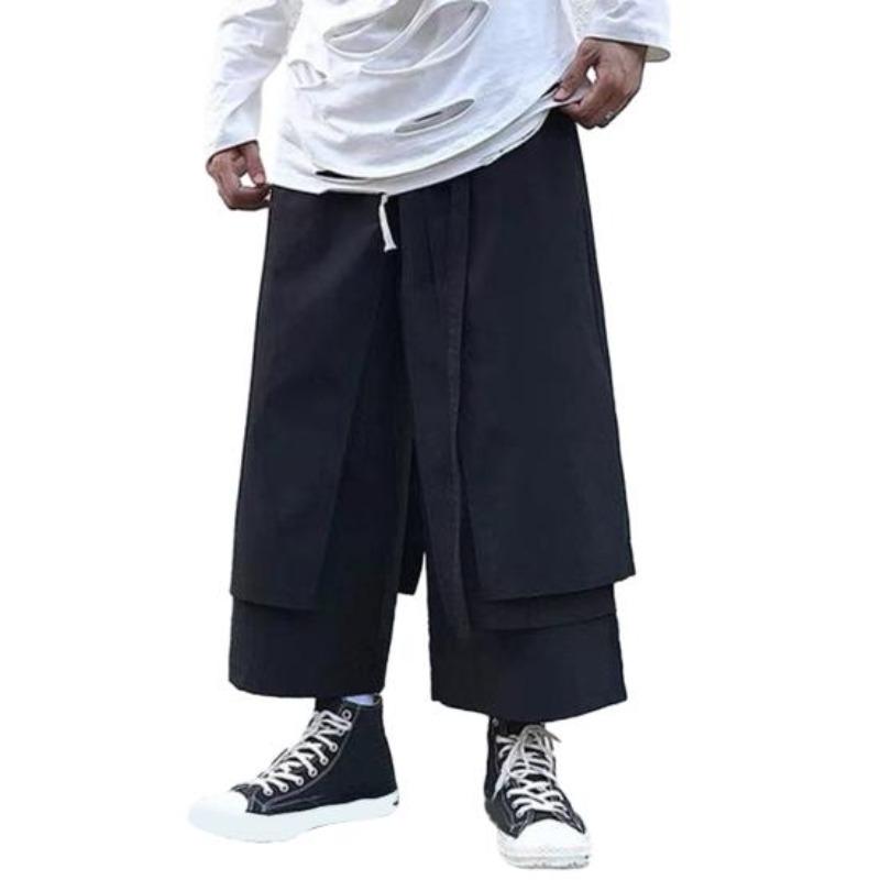 Yousheng Men's Loose Fit Pants Hip-Hop Wide Leg Pants with Pockets Casual Black Layered Pants for Everyday Wear Street
