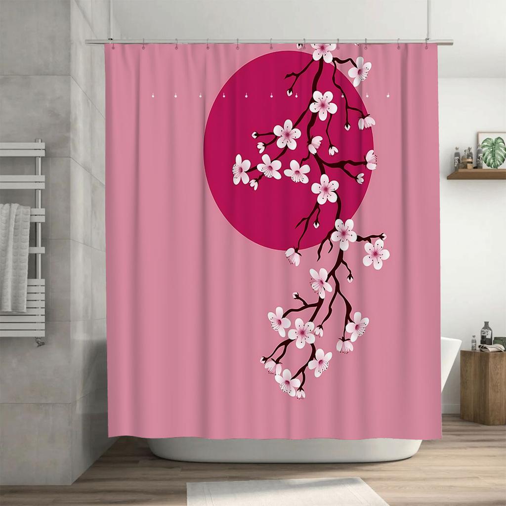 Elegant Japanese Cherry Blossom Shower Curtain With Pink Full Moon Design For Bathroom Decor Waterproof Fabric With Hooks Ideal