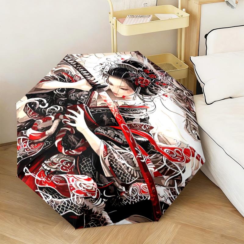 1PC Samurai Sunset Blossoms Automatic Umbrella - Suitable Travel Outdoor Portable Umbrella Birthday Gift Daily Essentials
