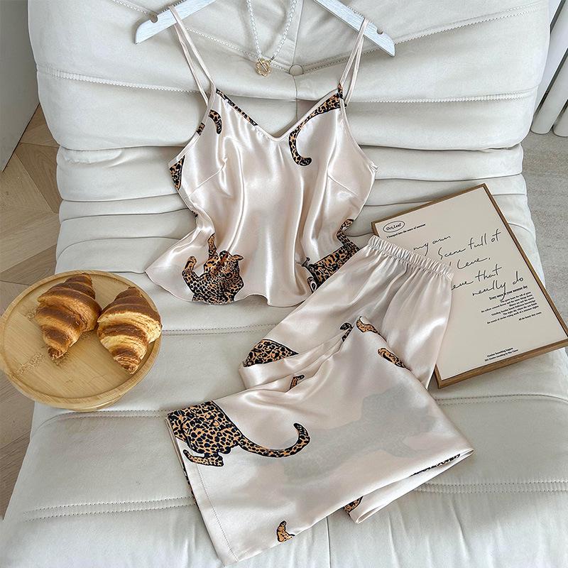 

European Leopard Print Wide-Leg Pajama Set - Imitation Silk Homewear Large шампанского/леопардовый