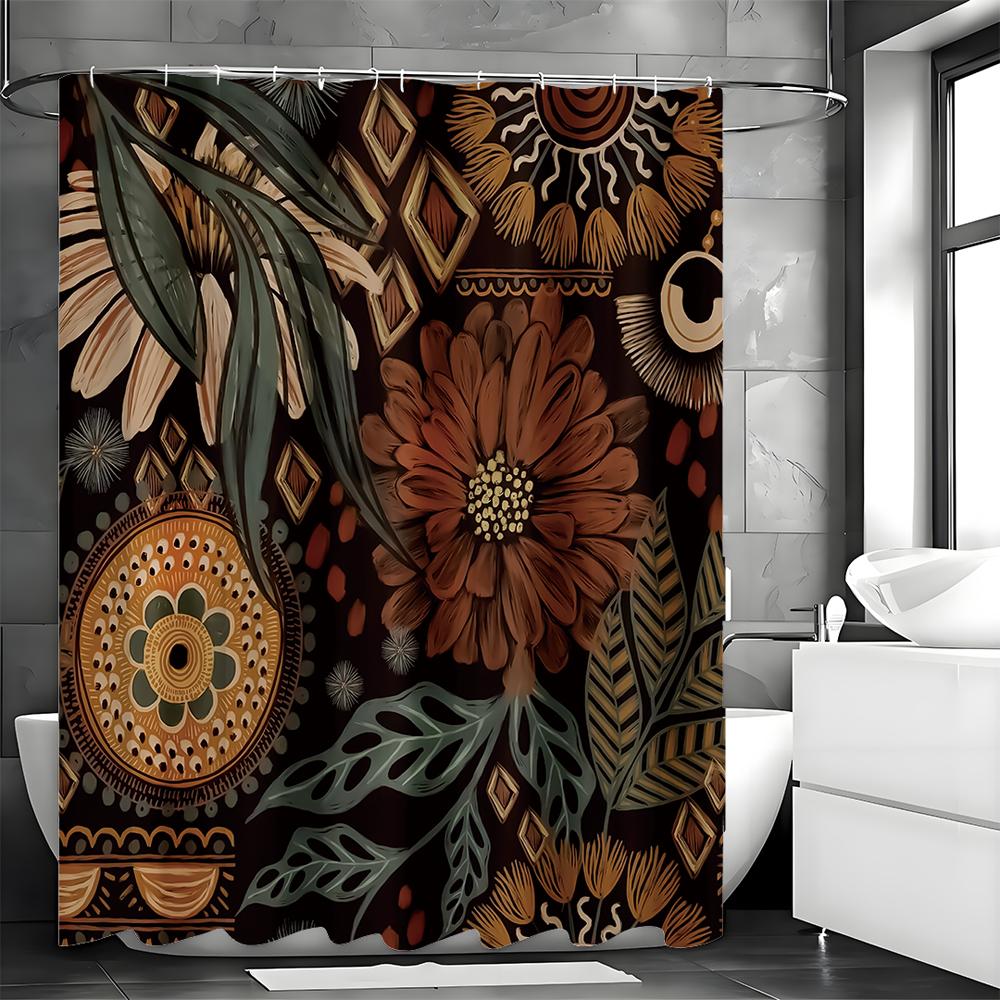 Vintage Floral Brown and Green Shower Curtain, Bathroom Decorative Shower Curtain, Waterproof Shower Curtain with Hooks