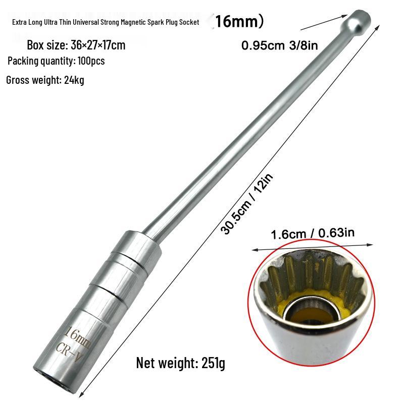 3/8" Ultra-Thin Magnetic Spark Plug Socket Wrench (14-16mm) - Extra Long Removal Tool
