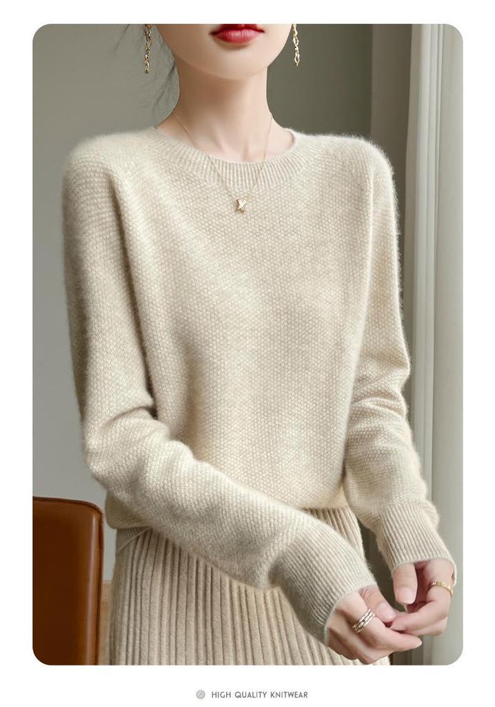 Women's Andy Plush Osmanthus Stitch Loose Knit Pullover Sweater - Round Neck, Solid Color, Versatile Base Layer