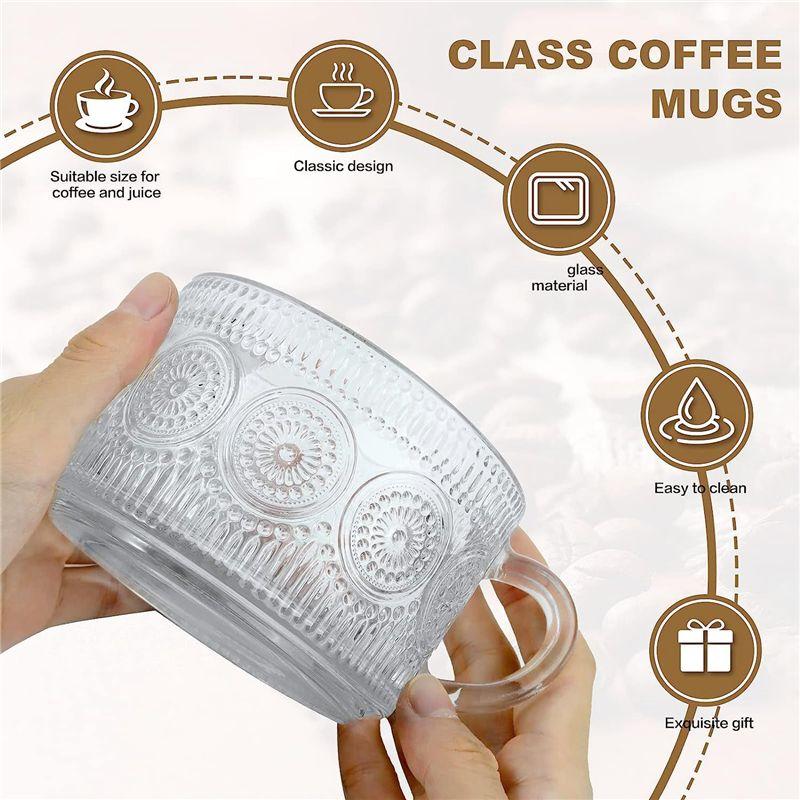 AEE4-Vintage Coffee Glass Mugs Set Of 2, Glass Coffee Tea Cups With Bamboo Lids, Coaster And Spoons,15Oz Clear Embossed 450ML B