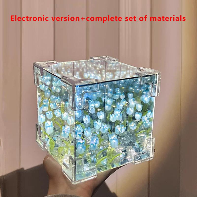 3D Mirror Night Light With Tulip Flower Sea Design, Diy Handmade Night Light Ornament, Small Gift 3D Tulip Diy Night Light