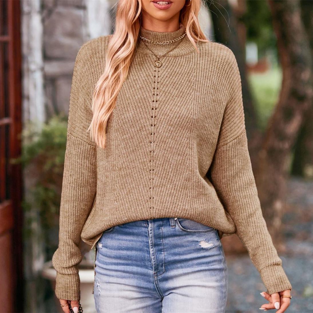 

QICED женские модные повседневные однотонные принты осень-зима с длинным рукавом Половина водолазки свободные свитера XL хаки