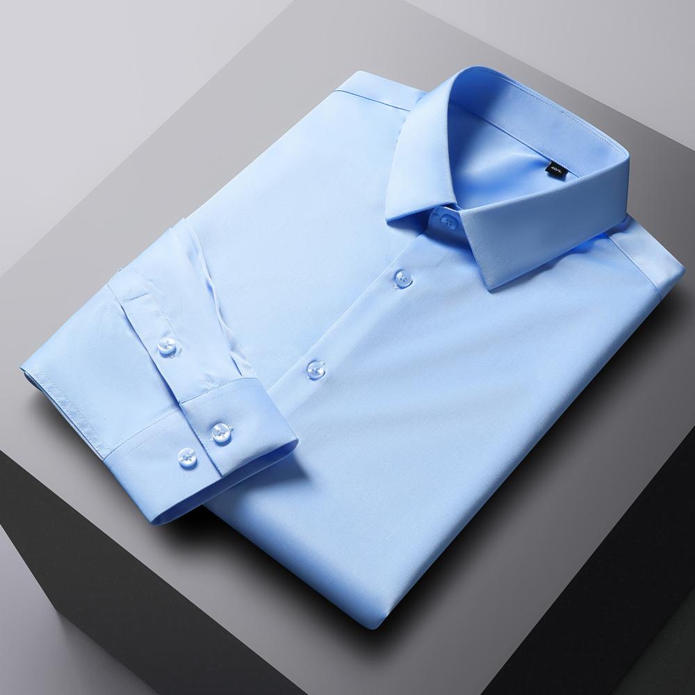 Cămașă de rochie pentru bărbați, cu mânecă lungă, de culoare uni, fără călcare, elastică, mătăsoasă, prietenoasă cu pielea, ușor de întreținut, formală, îmbrăcăminte pentru bărbați, cămașă cu nasturi